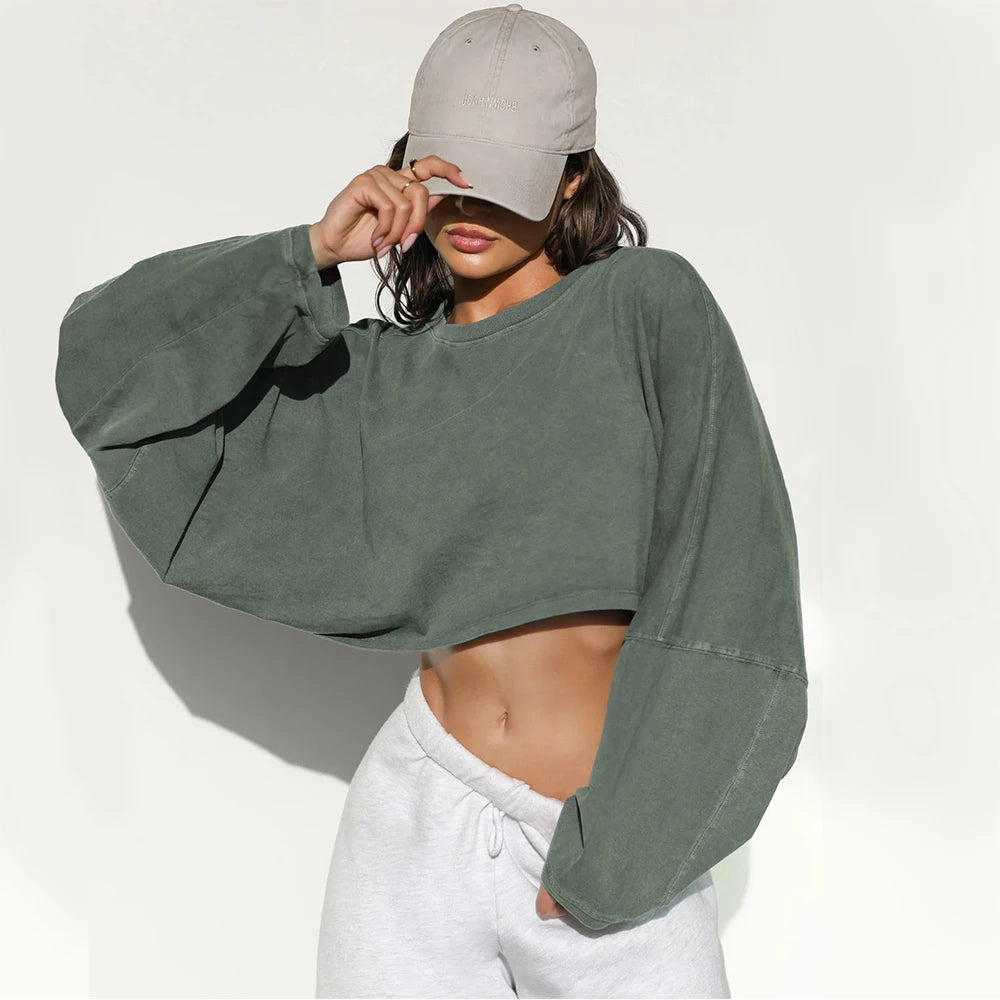 Women Sports Crop Top T-Shirts Gym Clothing Yoga Loose Tops Long Sleeve Sportswear