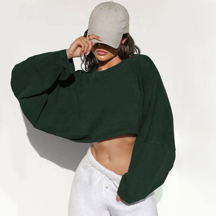 Women Sports Crop Top T-Shirts Gym Clothing Yoga Loose Tops Long Sleeve Sportswear