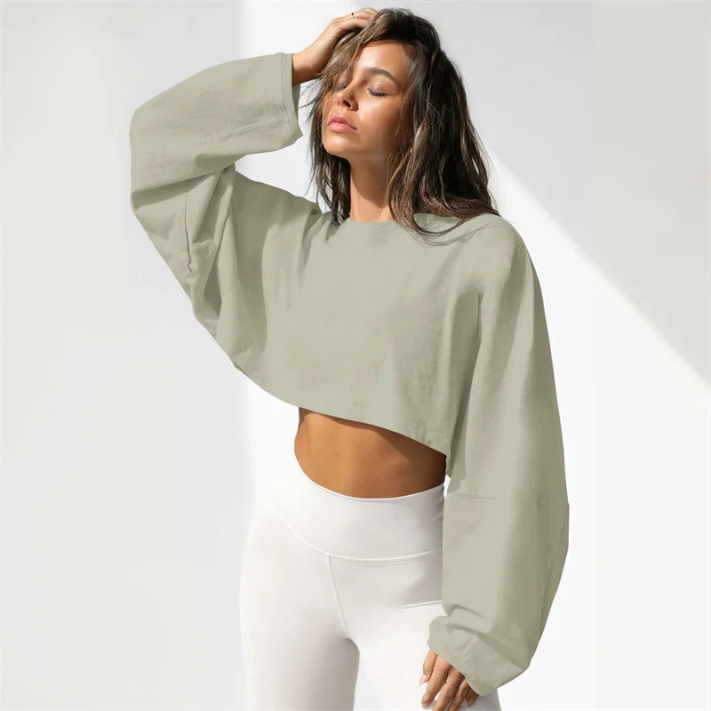 Women Sports Crop Top T-Shirts Gym Clothing Yoga Loose Tops Long Sleeve Sportswear