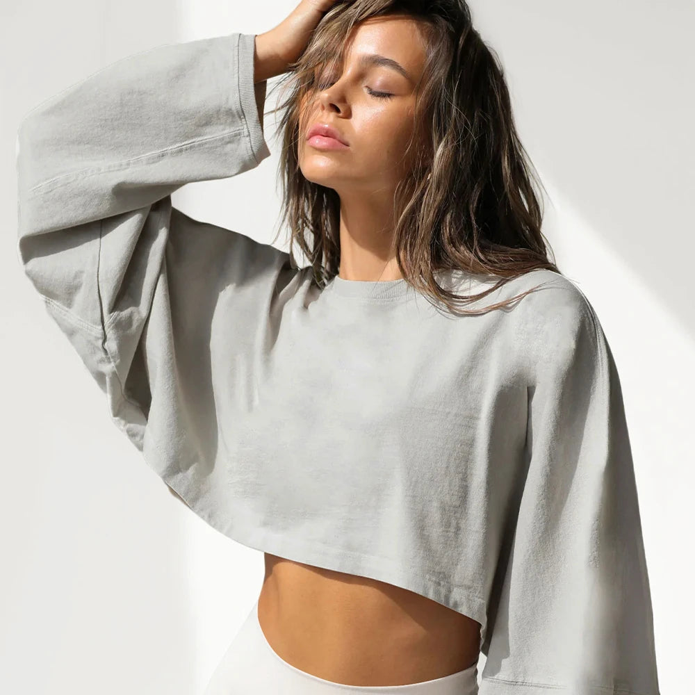 Women Sports Crop Top T-Shirts Gym Clothing Yoga Loose Tops Long Sleeve Sportswear