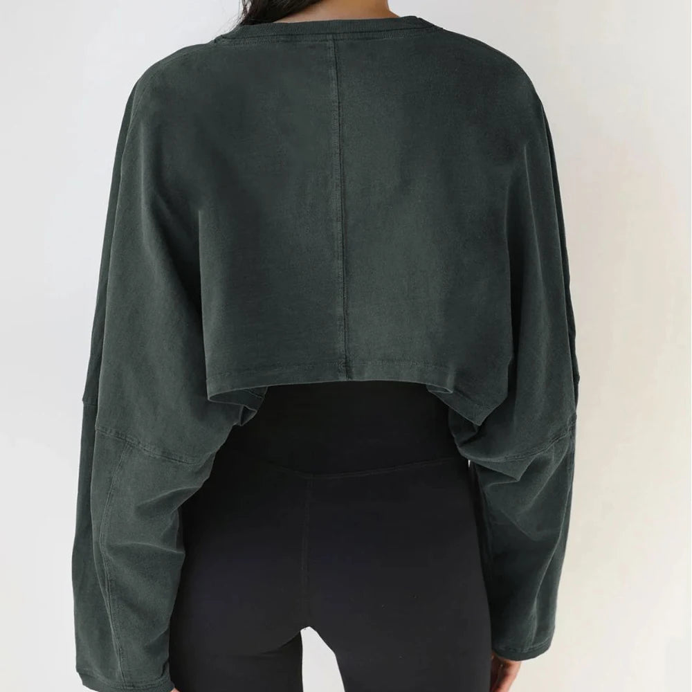 Women Sports Crop Top T-Shirts Gym Clothing Yoga Loose Tops Long Sleeve Sportswear