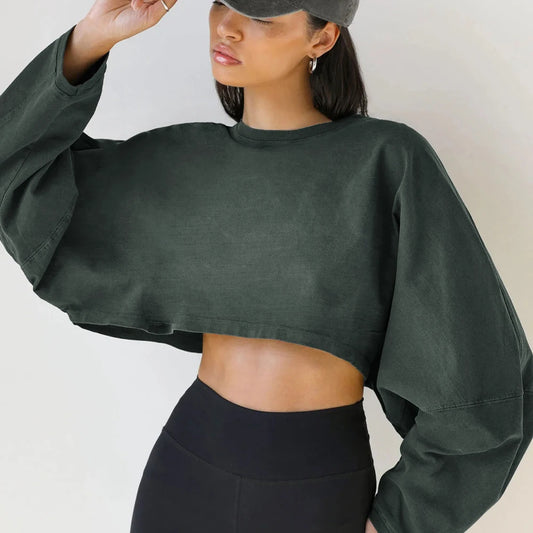 Women Sports Crop Top T-Shirts Gym Clothing Yoga Loose Tops Long Sleeve Sportswear